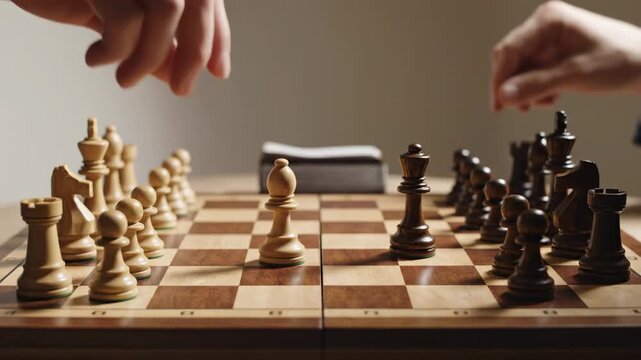 Caucasian Rivals Trade Opening Moves Across Wooden Chessboard, Two Hands Visible Adjusting Pieces In Timed Match, Warm Natural Light, Close LowAngle View Of Squares And Pawns, Tactical