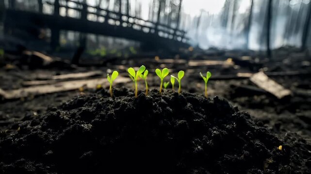 Natural disaster. Devastating loss aftermath scene. A closeup shot of a young plant sprouting from the ground, with a blurred background of a forest and a bridge.