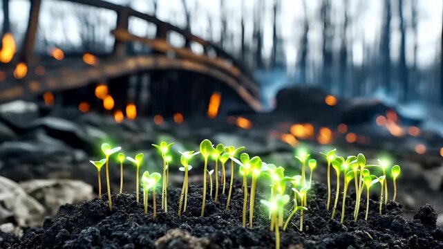Natural disaster. Devastating loss aftermath scene. A closeup of young plants sprouting from the ground, with a blurred background of a forest and a bridge. The plants are vibrant green.