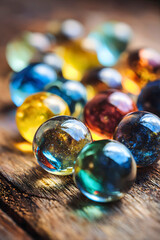 Glowing marbles arranged on a wooden surface, showcasing a vibrant and colorful design.