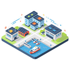 Obraz premium Isometric coast guard station with boats and modern buildings