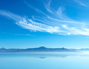 Obraz premium Mountain range reflects off a vast, mirror-like lake beneath a bright, blue sky