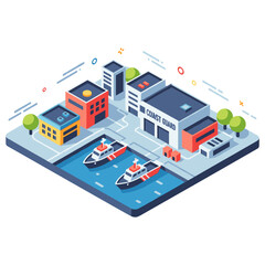 Obraz premium Isometric coast guard base with boats and modern buildings