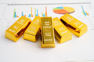 Gold bars on graph paper, finance trading investment business currency.