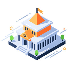 Naklejka premium Isometric illustration of a classical bank building with columns and orange roof