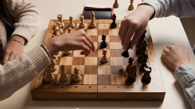 Overhead View Of Hands Moving Chess Pieces On Wooden Board, Midgame Tension, Captured Pieces At Edges, Thoughtful Turns And Opponent Anticipation In Close Strategic Duel