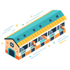 Isometric stable building with horses peeking from stalls