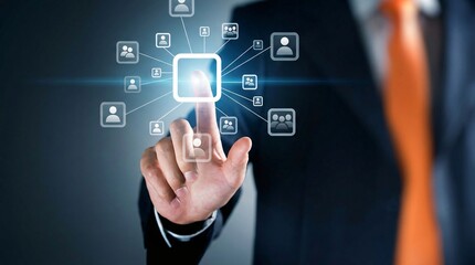 Businessman interacting with social network icons on digital interface