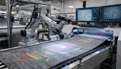 Naklejka premium Medium frame of robotic vision system analyzing coated textile for surface flaws with advanced imaging technology in a modern manufacturing environment.