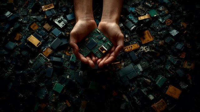 Electronic waste. Environment ecosystem pollution. Recycling. Aerial view of hands holding a green circuit board amidst a myriad of electronic components, including microchips, RAM modules.