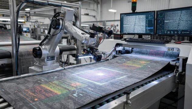 Medium frame of robotic vision system analyzing coated textile for surface flaws with advanced imaging technology in a modern manufacturing environment.