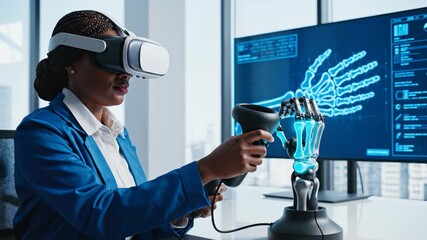 Woman using VR headset with hand skeleton model - Powered by Adobe