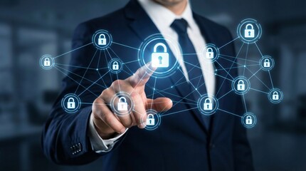 Businessman securing network with digital padlocks and connections