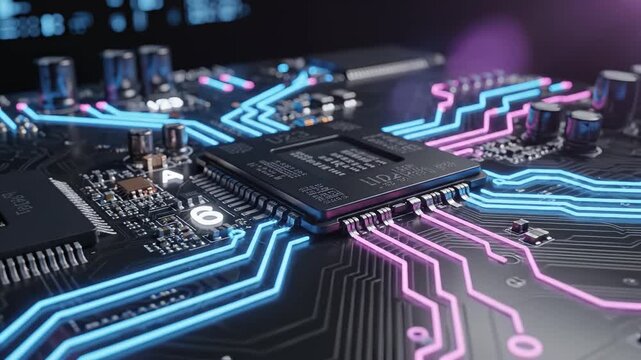 Closeup of a circuit board with glowing lines