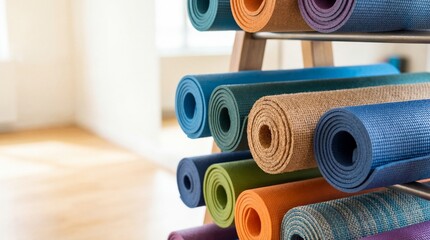 Stack of colorful rolled yoga mats for fitness at gym. Exercise equipment for health and wellness. Sports studio activity