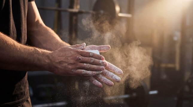 Man applying chalk to his hands close up. Fitness preparation for weightlifting. Strength training and healthy lifestyle concept - Powered by Adobe