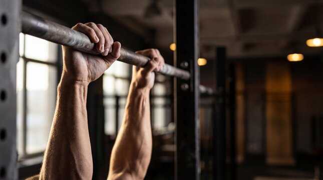 Closeup of man hand holding pull up bar in gym. Muscular arm preparing for workout. Fitness and sport activity for strength training