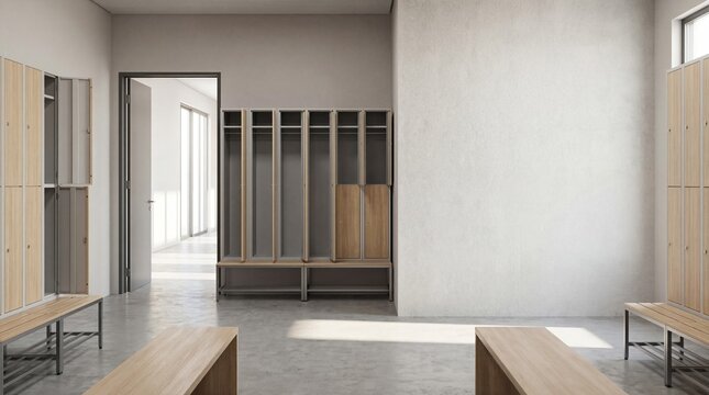 Empty locker room interior with wooden benches and modern lockers in gym or fitness center for sports and leisure activities, clean changing room concept