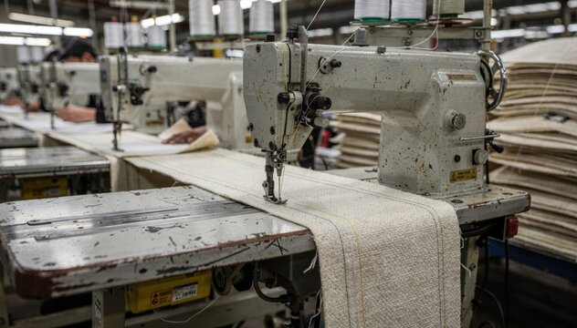 Medium shot of industrial bag sewing stations featuring heavyduty lockstitch machines stitching durable side seams on thick fabric rolls in a busy factory environment.