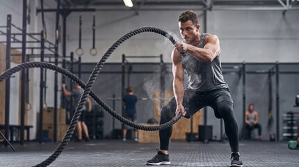 Man exercising with battle rope in gym, creating dust. Fitness training and determination concept for health and wellness. High intensity workout