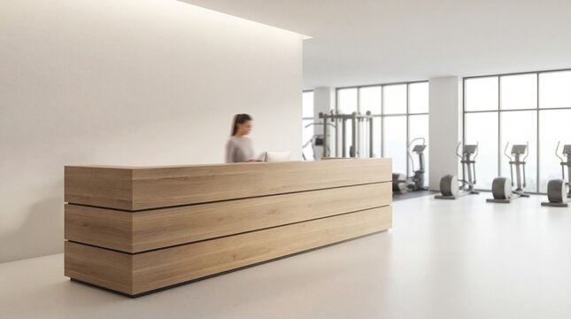 Woman receptionist working at a wooden reception desk in a modern gym with exercise equipment. Fitness center welcome area design