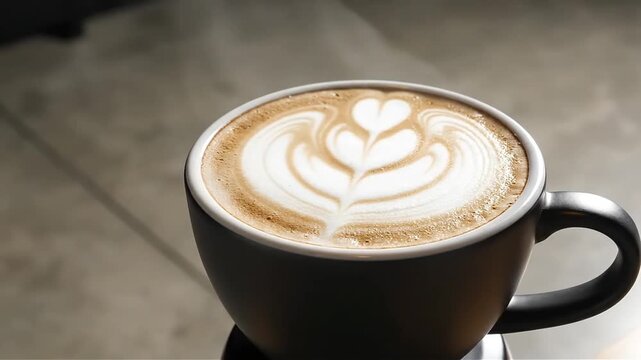 Latte art in a cup on wooden table - coffee drink close up for your design