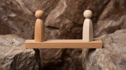 Wooden figures bridging a canyon conceptual art for emotional connection in a natural environment