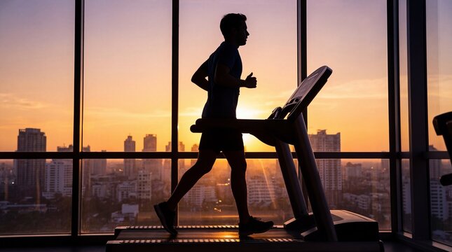 Silhouette of man running on treadmill in gym with city view at sunset. Fitness and healthy lifestyle concept for exercise equipment promotion