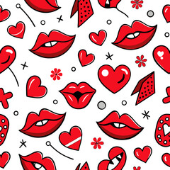 Seamless pattern with red lips, hearts, and letters in an artistic style
