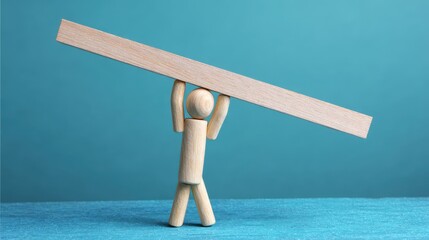 Wooden figure supporting structural beam during crisis in construction site conceptual visual abstract environment