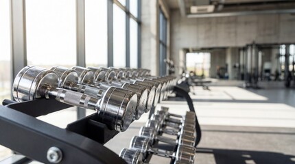 Row of chrome dumbbells on a rack in a modern gym, promoting fitness and strength training for a healthy lifestyle