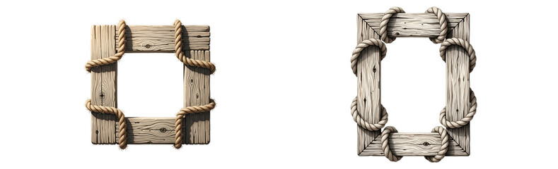 Two wooden frames with rope details on a transparent background