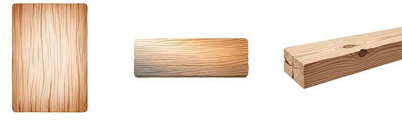Three wooden planks of different shapes and sizes on transparent background