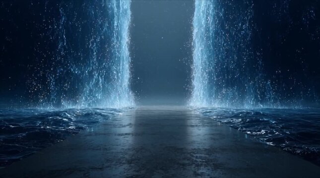 Divine miracle of parting waters with glowing blue light and spiritual path (AI Generated)