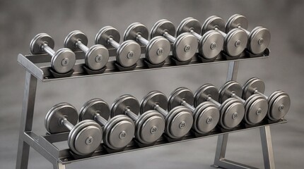 Set of steel dumbbells on a two-tier rack in a gym for powerful fitness training and strength workout. Weightlifting equipment for bodybuilders