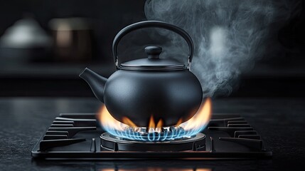 Black kettle steaming on a gas stove surrounded by a gentle flame, showcasing modern kitchen aesthetics and functional design in a cozy indoor setting.