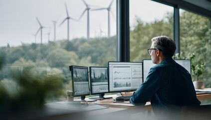 Middle aged man with glasses and a beard monitoring data on multiple computer screens inside an office with a large window overlooking a wind farm