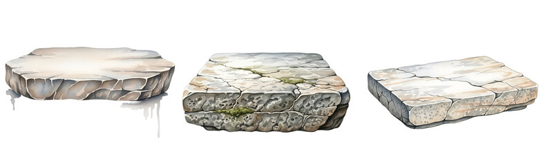 Three stone platforms on a transparent background for architectural or design use
