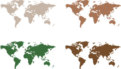 Obraz premium Four world map illustrations display dots, striped diagonal and solid styles highlighting diverse approaches to geographic design