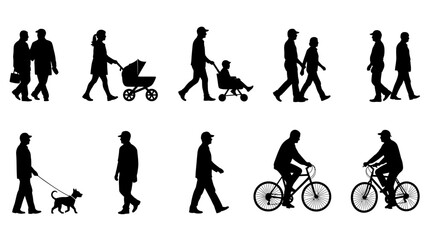 Silhouettes of Diverse People Walking, Pushing Stroller, Dog Walking, and Cycling on Isolated White Background