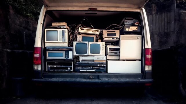 Electronic waste. Environment ecosystem pollution. Recycling. A van with a van bed full of old electronic equipment, including televisions and other miscellaneous devices.