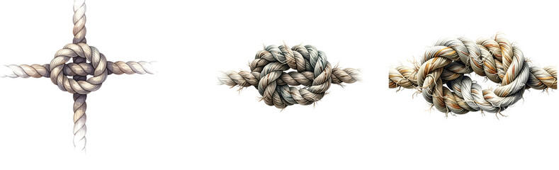 A series of knots tied in a rope on transparent background