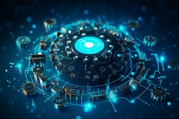 Central processing unit integrating system components with glowing circuits and data
