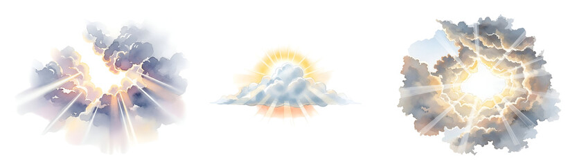 A set of three radiant cloud explosions on transparent background