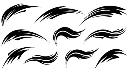 Set of dynamic black abstract swoosh lines and speed motion graphic elements, isolated on a white background. © MASKURI