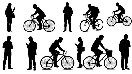Obraz premium Silhouettes of People Walking and Cycling with Mobile Phones, isolated white background