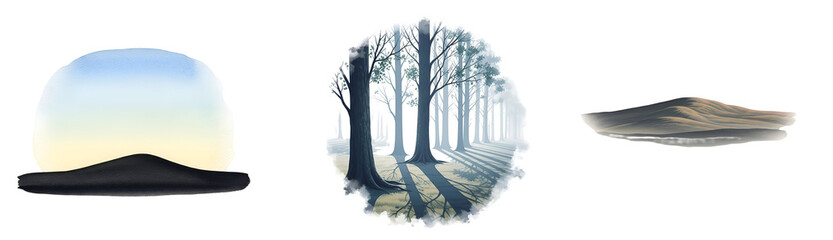 A serene landscape with a mountain and trees on transparent background