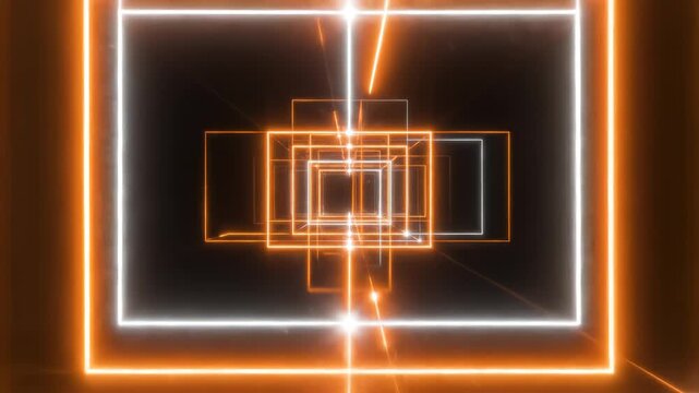Neon light tunnel with glowing squares