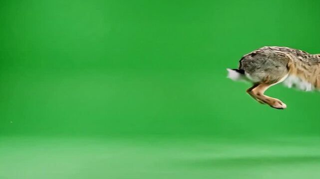 Realistic adult ginger rabbit jumping isolated on green chroma key background