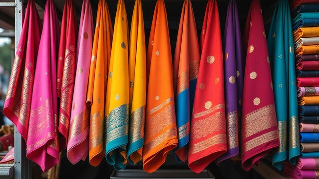 Vibrant Indian silk sarees with gold patterns hanging in a row, colorful fabric display, textile market background